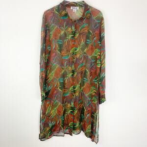 Robbie Bee Shirt 14 Sheer Overlay Tunic Silk Leaves Button Front Long Top Artsy‎